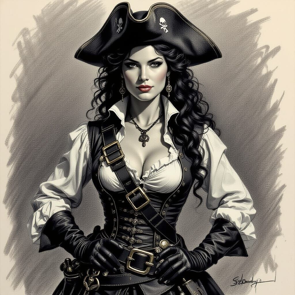 Infamous Pirate Ann Bonny in Charcoal Style