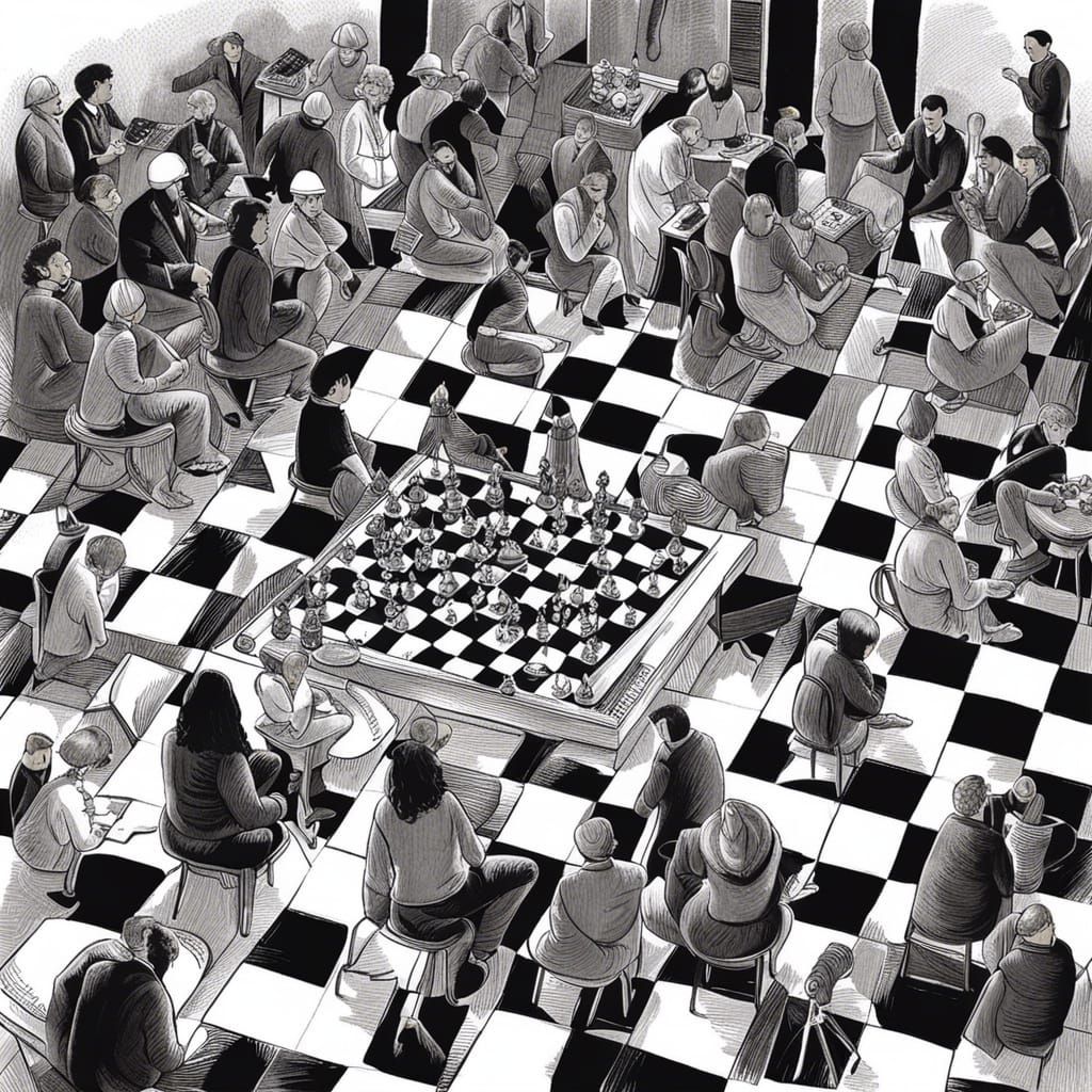 Chess Tournament in Black and White Ink Style