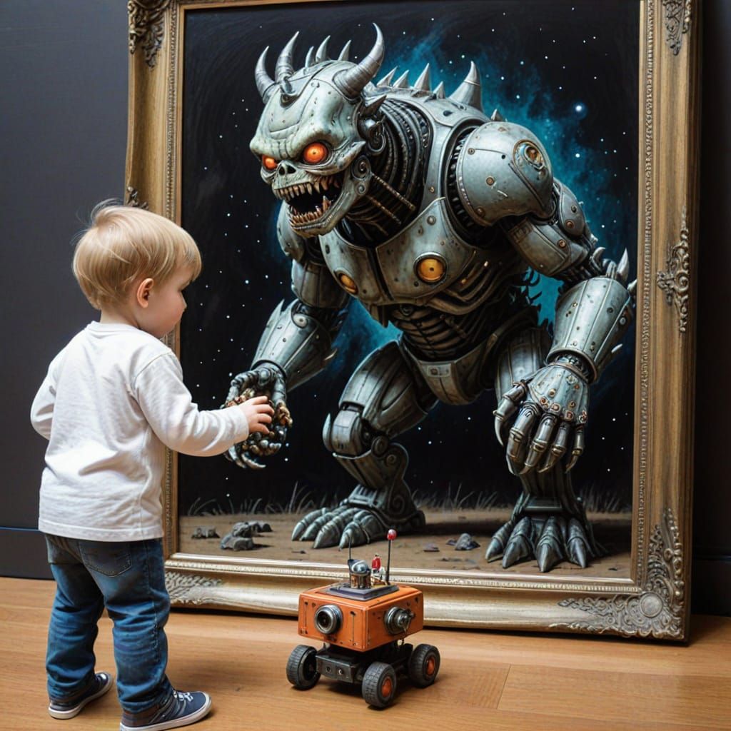 Cosmic Horror Creature and Child's Toy Robot