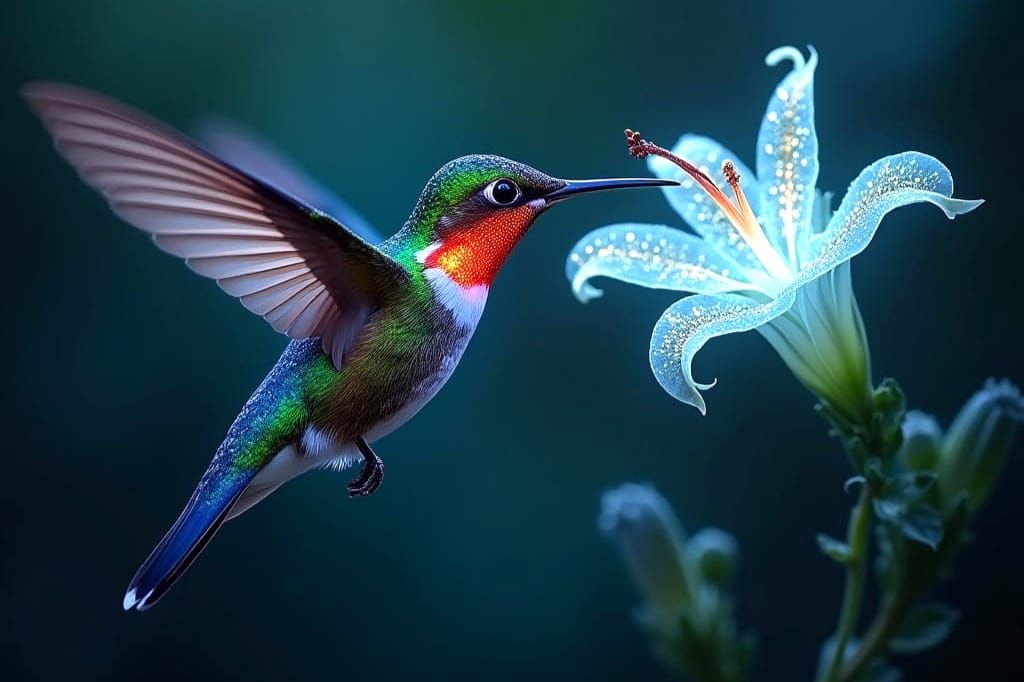 Bioluminescent Hummingbird and Alien Flower