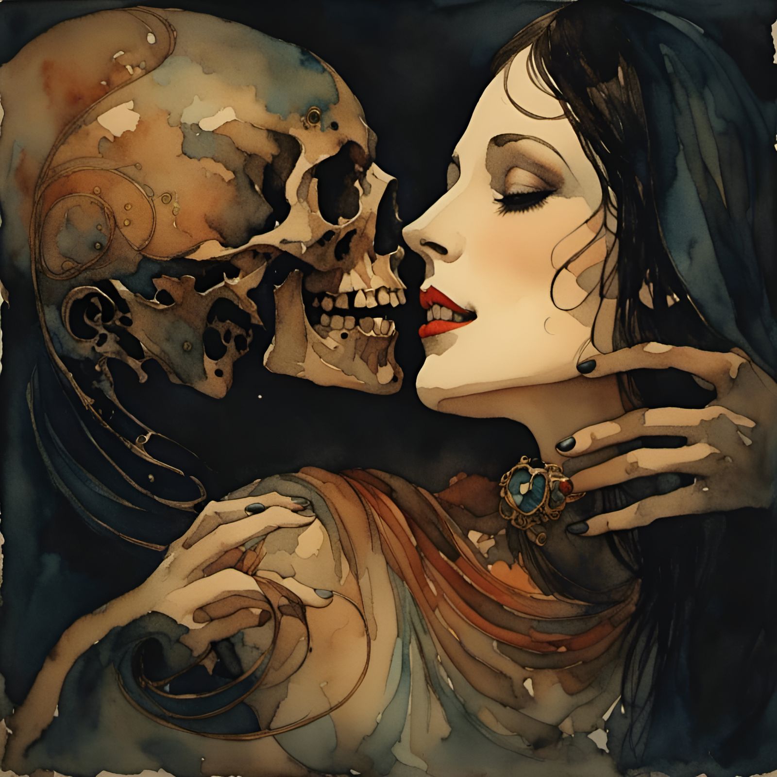 Death and Woman in Romantic Watercolor Style