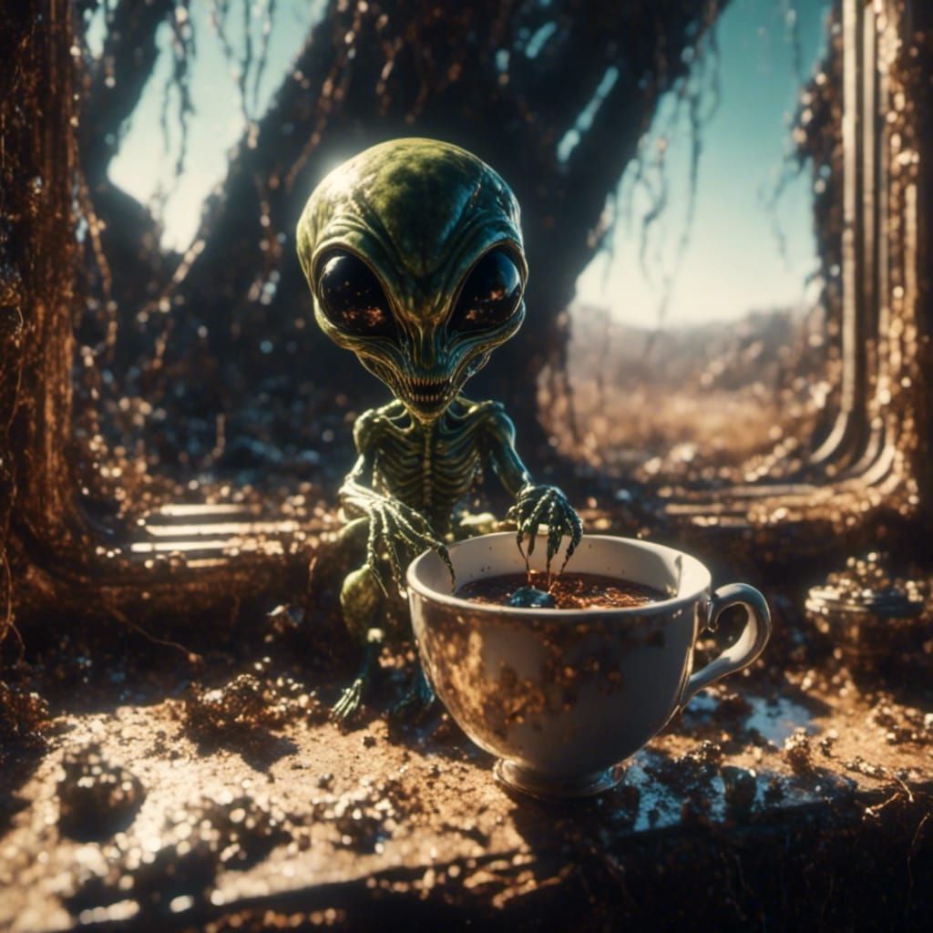 Alien in Teacup on Sunny Windowsill