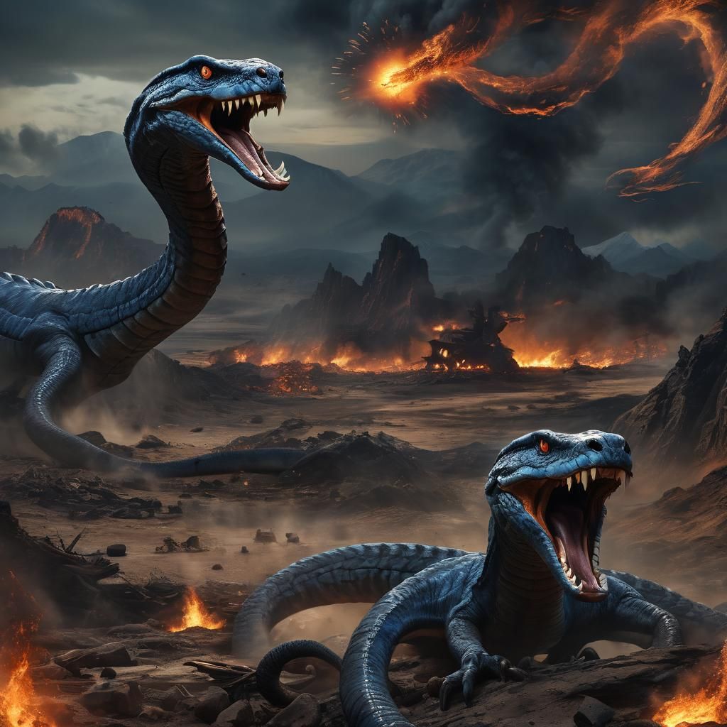 Furious Cobra in War-Torn Landscape as Epic Fantasy Art
