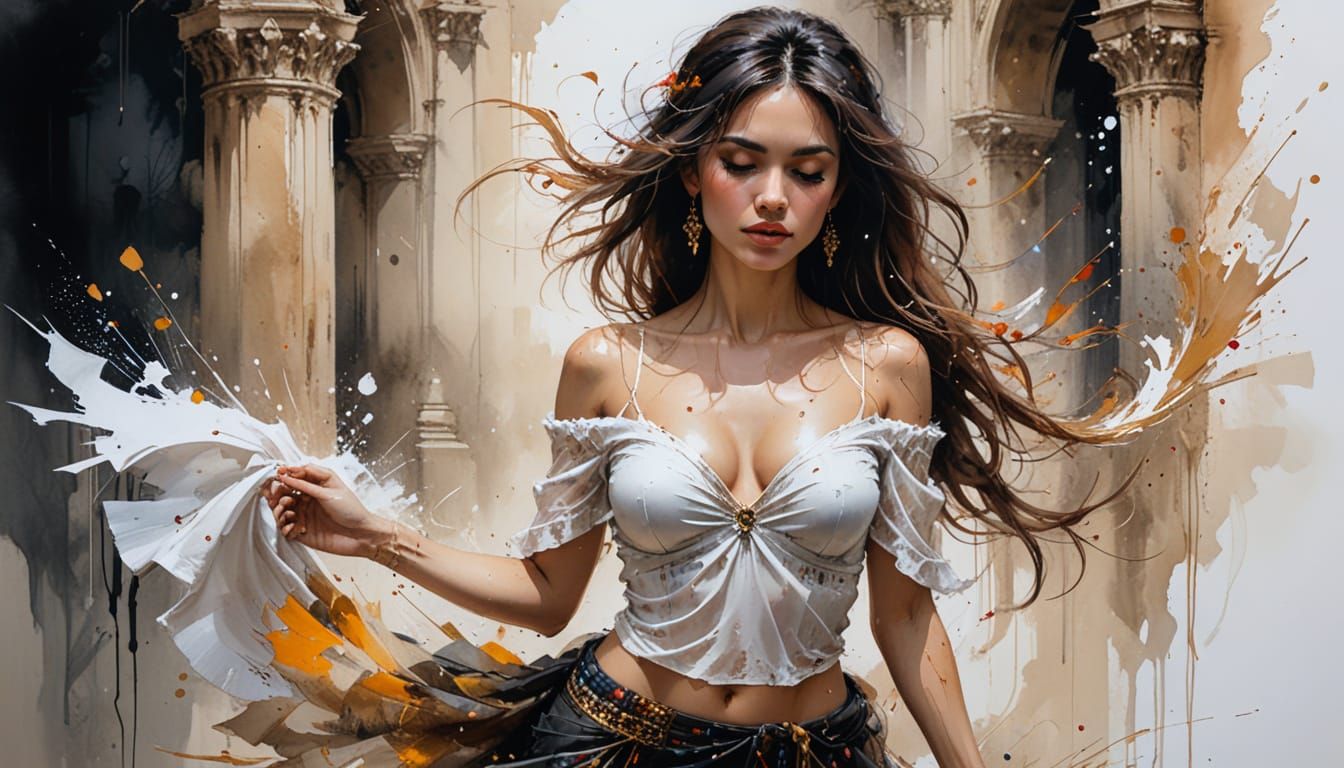 Seductive Dancer in Sultan's Palace Watercolor Painting