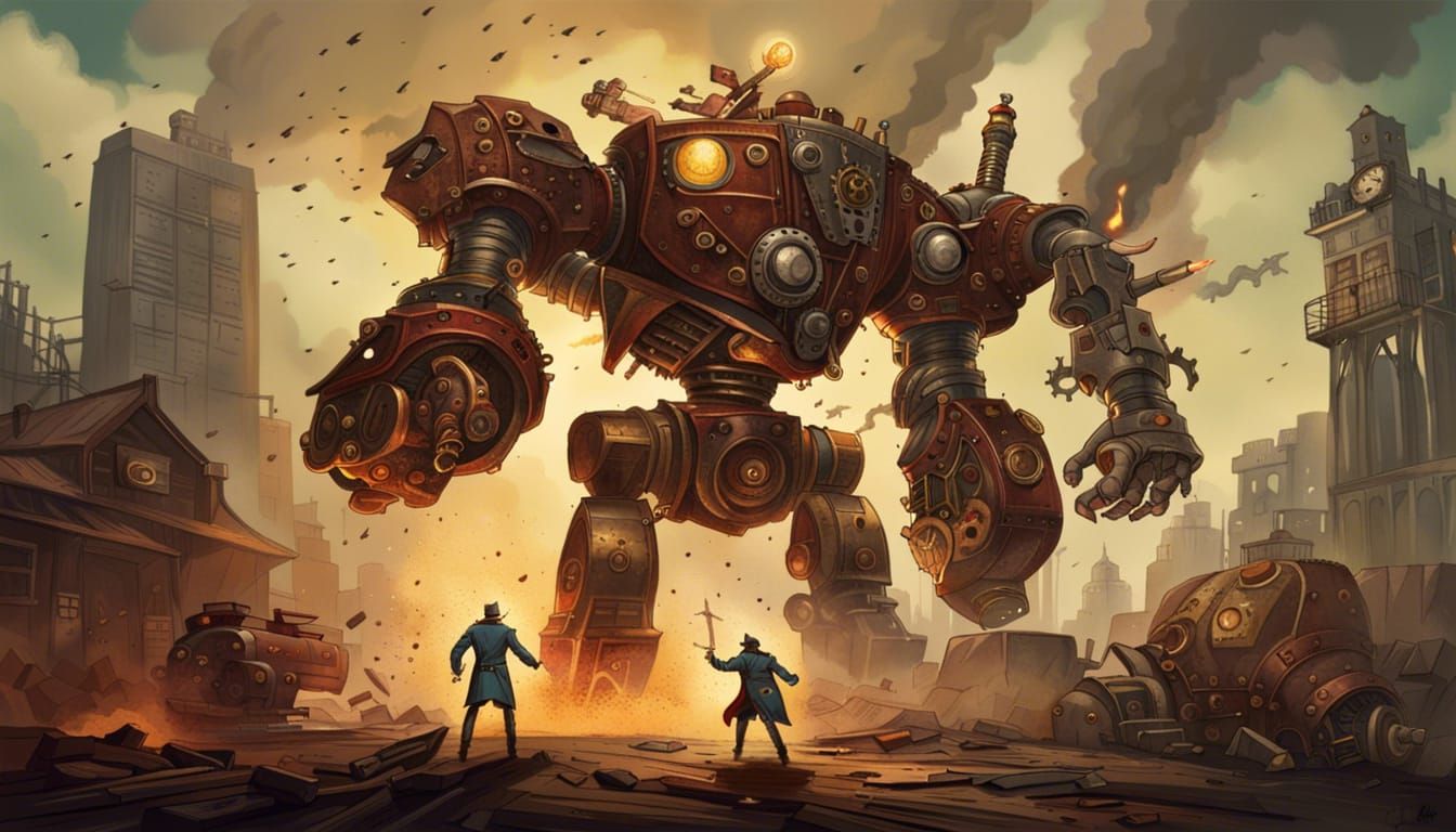 epic battle between a superhero and an evil giant robot