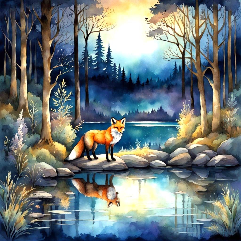 Moonlit Fox in Enchanted Forest Watercolor
