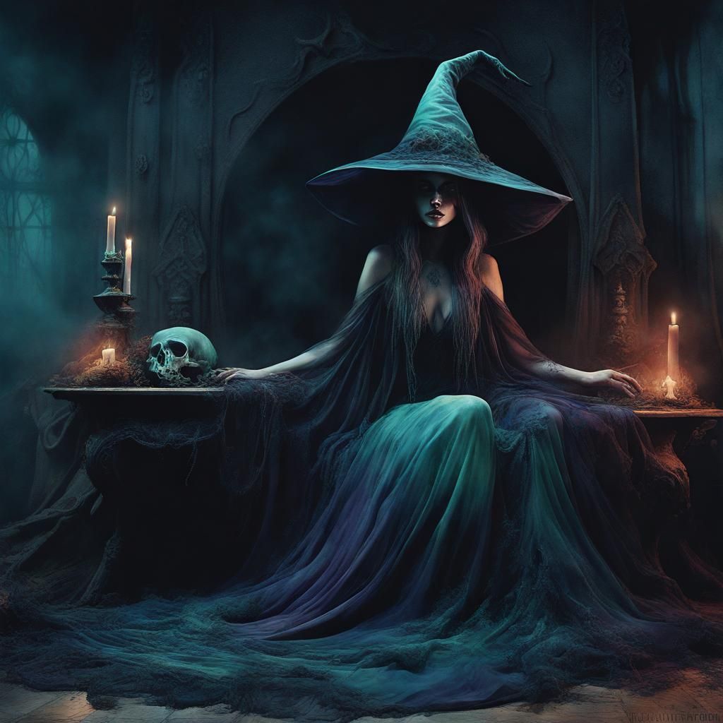 Eerie Witch with Undead Aura in Surrealist Art