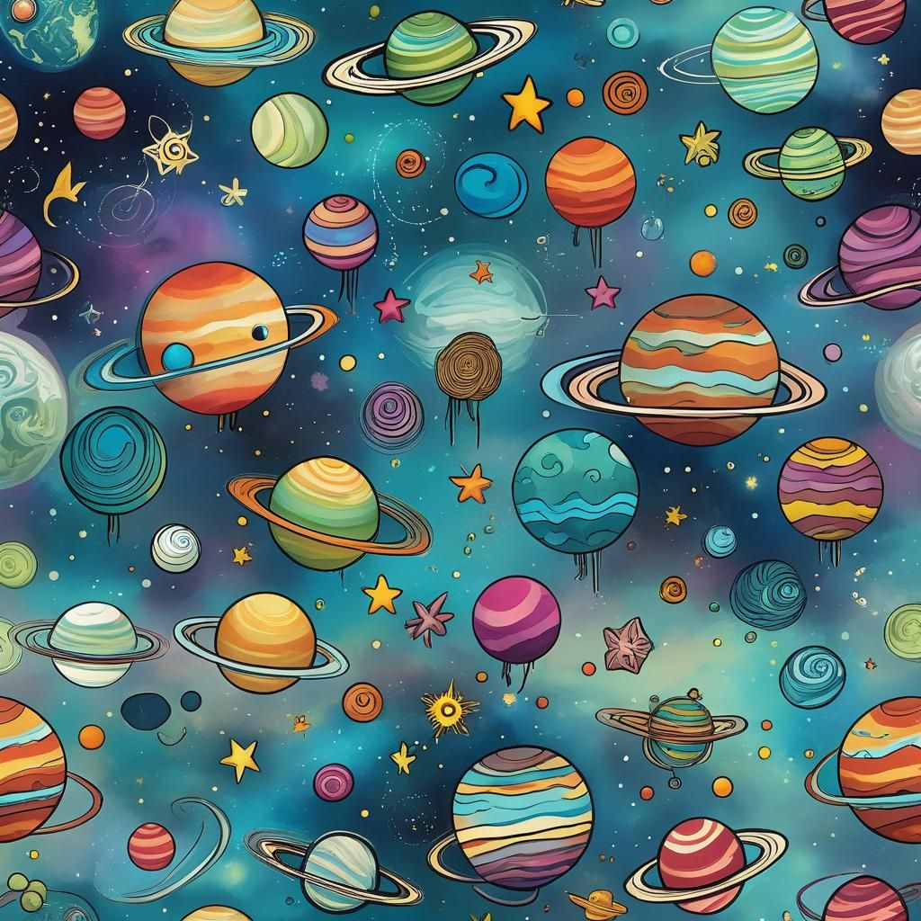 Fantasy Whimsical Planets in Colorful Space