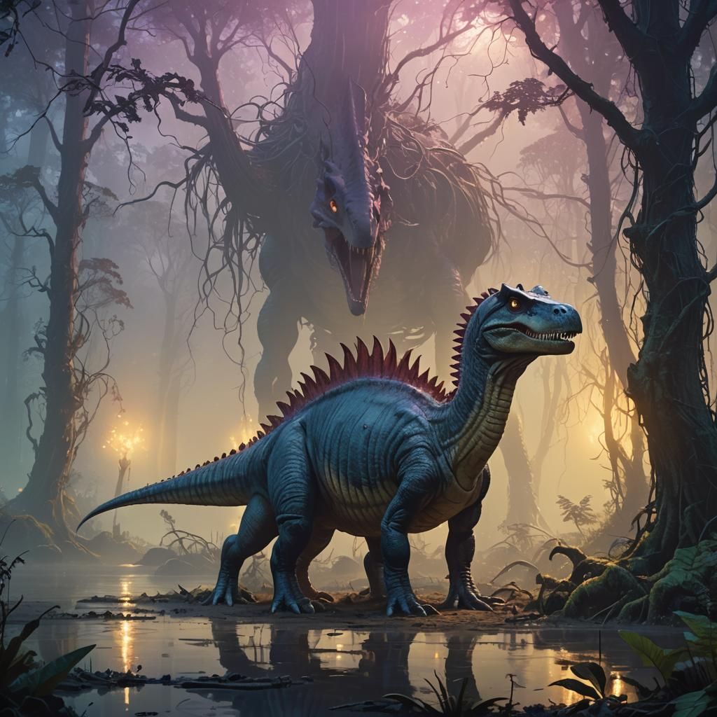 Spinosaurus in Mystical Forest: Fantasy Art