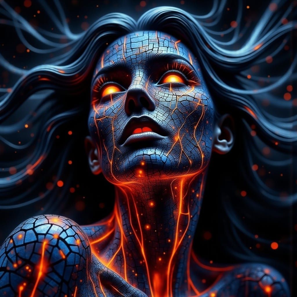 Volcanic Skin Face with Molten Veins and Cosmic Background