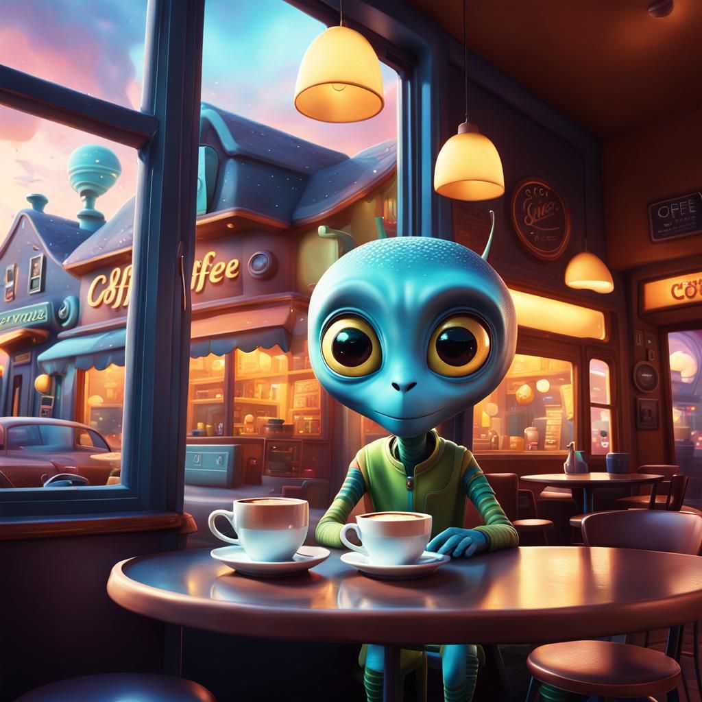 Alien Peeks into Coffee Shop: Digital Matte Painting