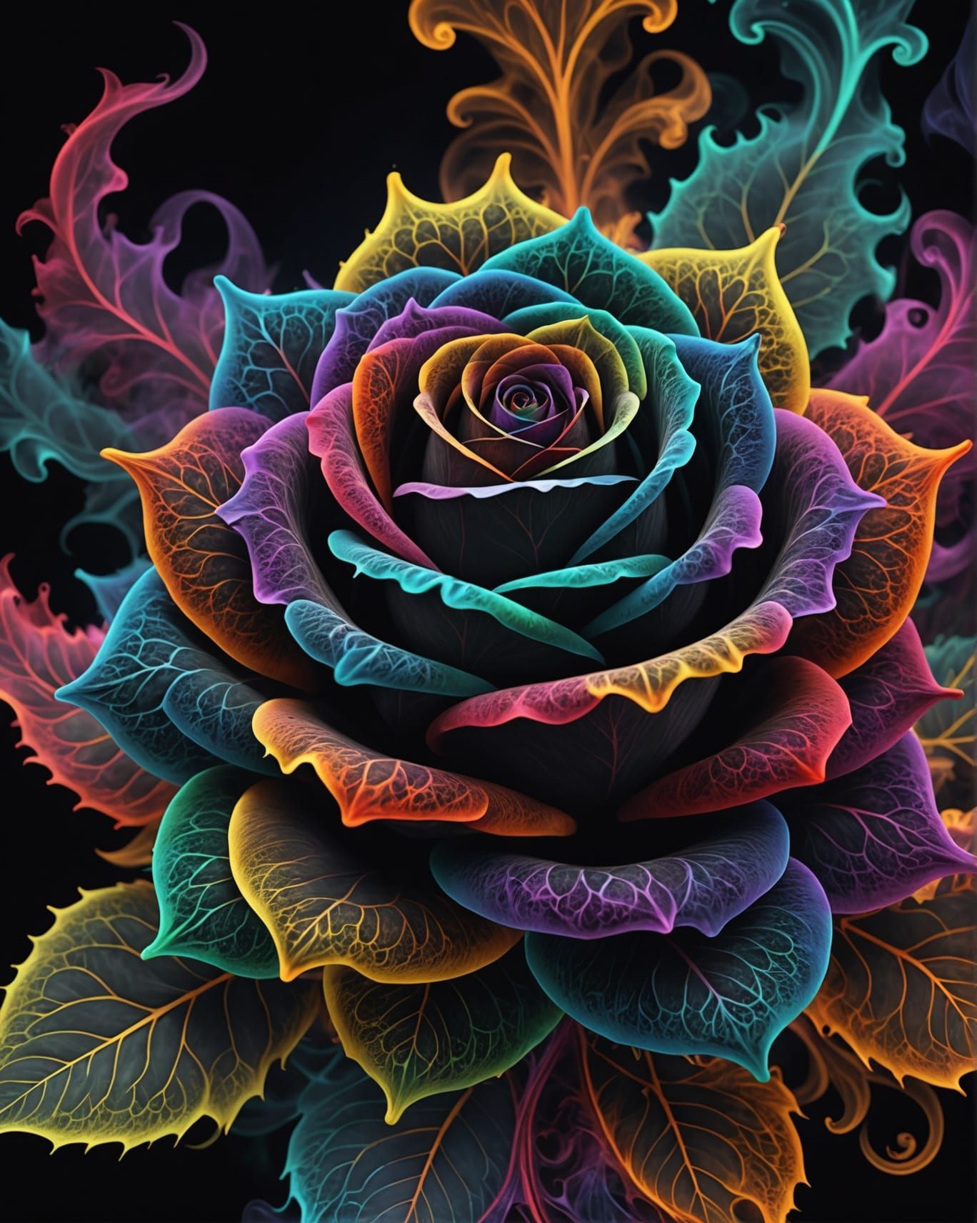 Fractal Black Rose in Multicolored Smoke: 8k Resolution