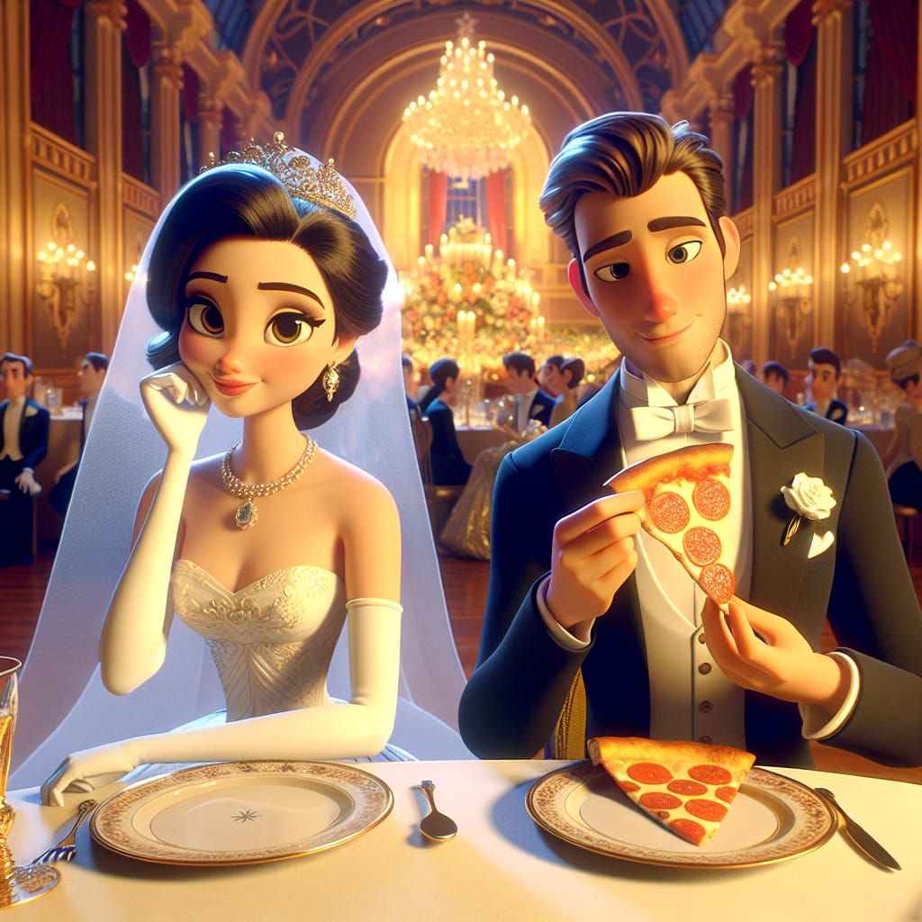 Disney Pixar style 3D gorgeous elegant bride and handsome groom, sitting at a table in a Beautifully decorated reception...