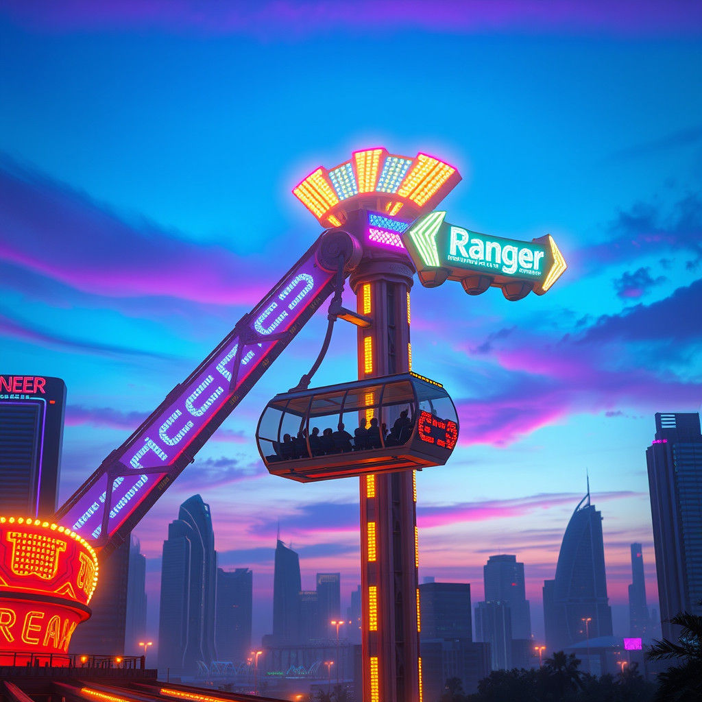 Futuristic Theme Park Ride at Night in Matte Painting Style