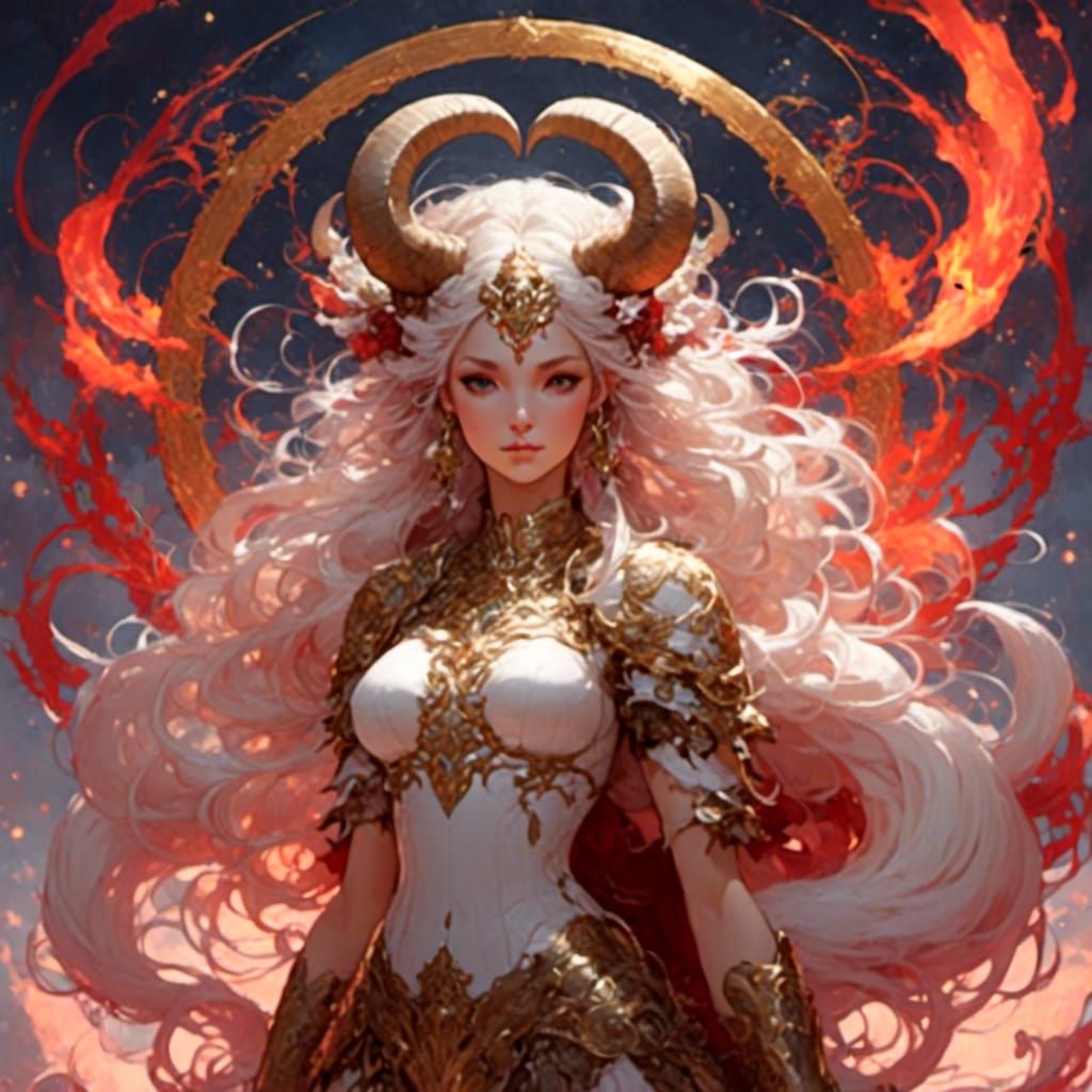 Aries Goddess Leads Celestial Ram: 3D Cartoon