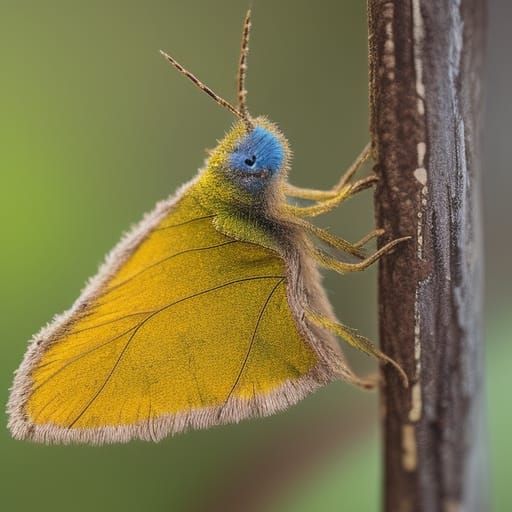 Fuzzy Blue and Yellow Moth Portrait
