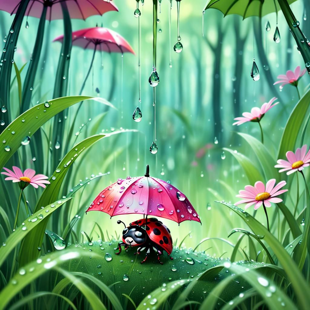 Ladybug with Pink Umbrella in Dreamy Forest