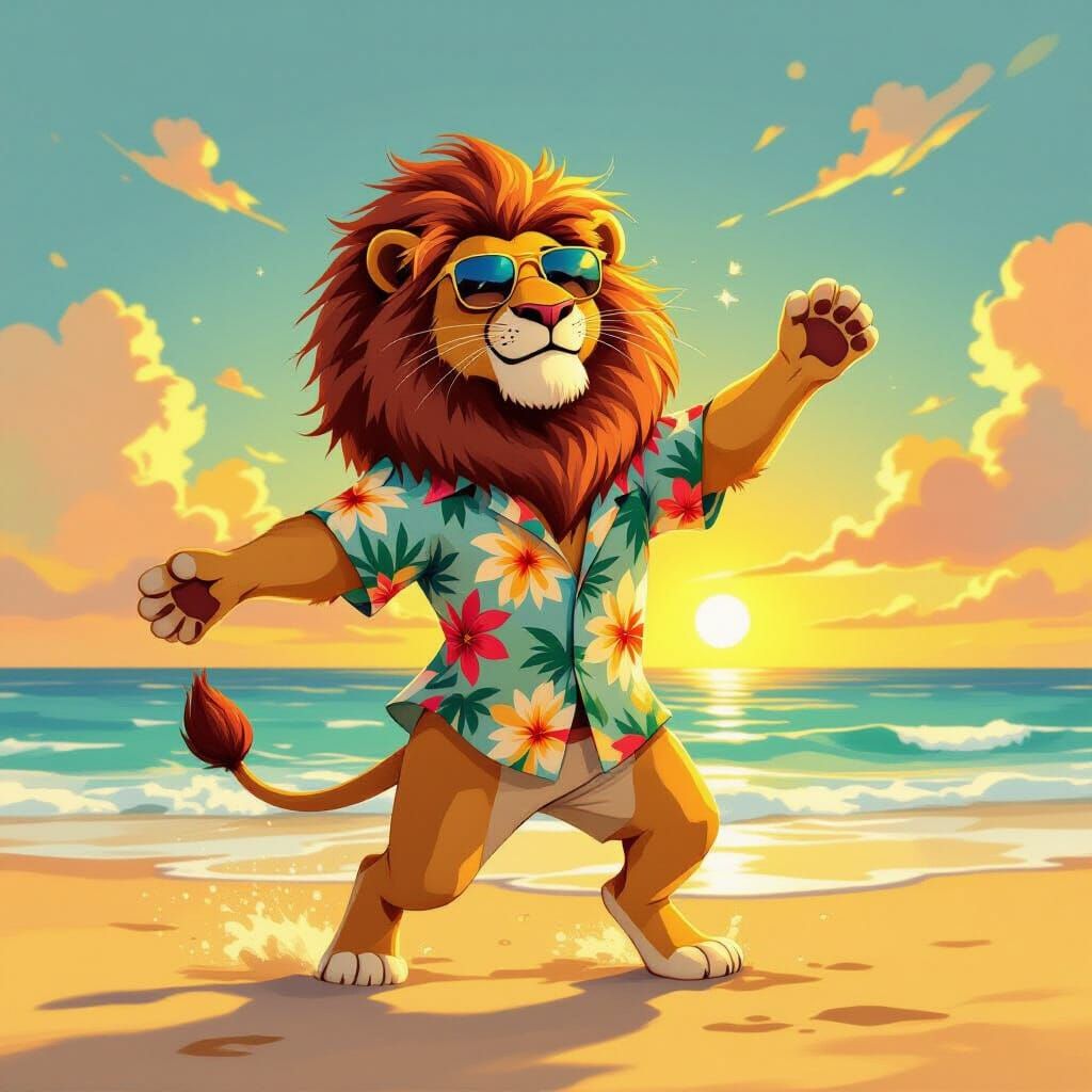 Majestic Lion Dances on Summer Beach in Hawaiian Shirt