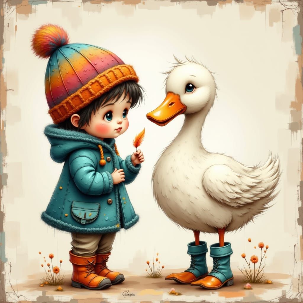 Whimsical Child and Goose in Boots Illustration