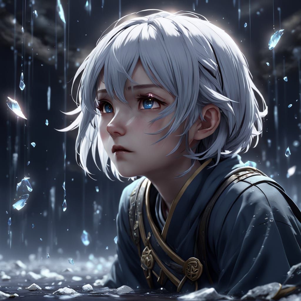 Sorrowful Woman Surrounded by a Deluge of Tiny Droplets in a...