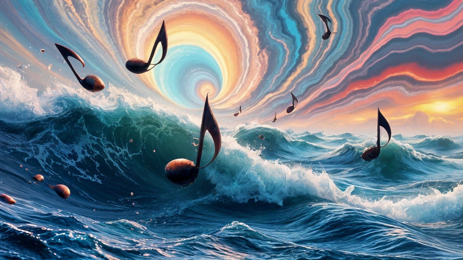 Vibrant Seascape with Swirling Colors and Musical Elements