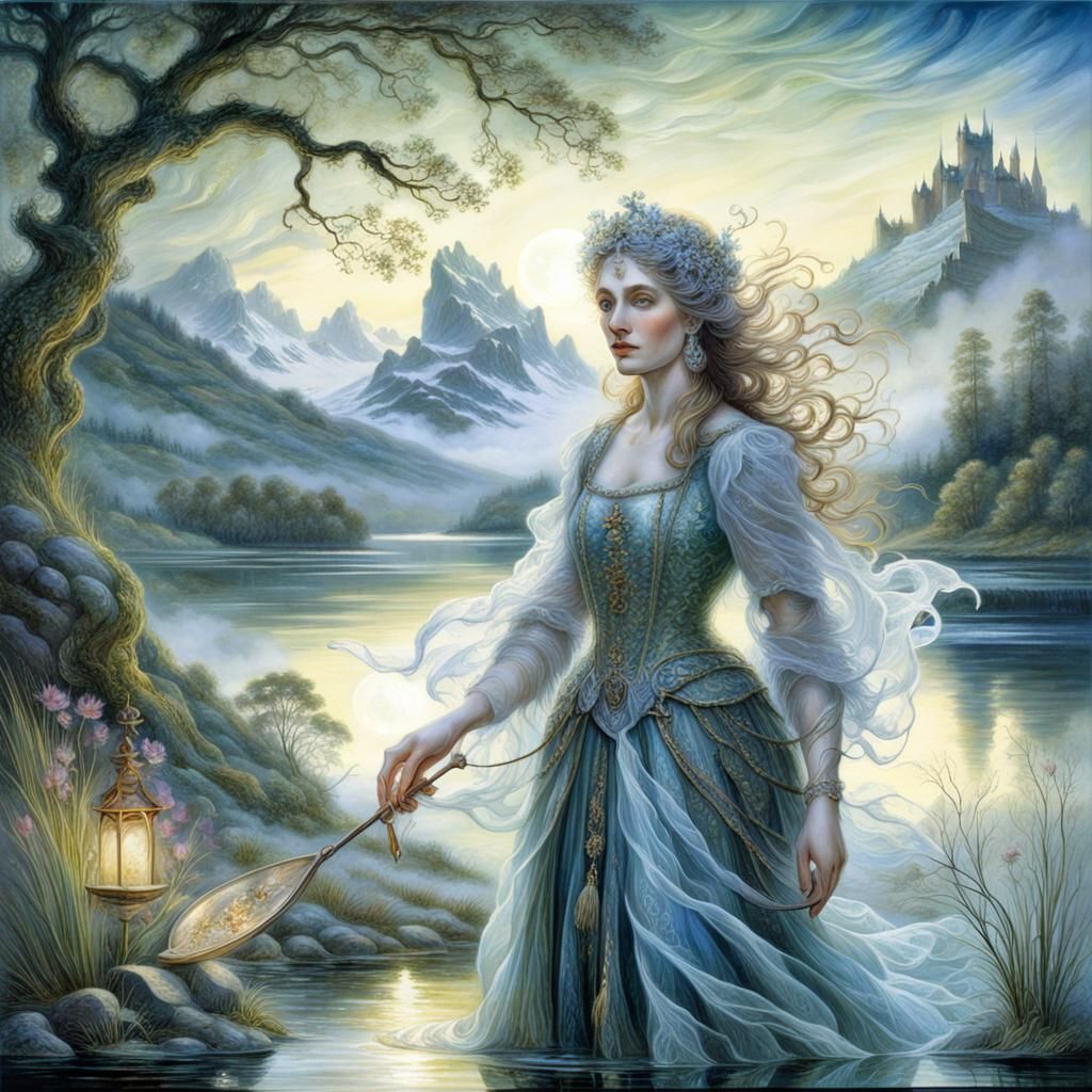 Scottish Lady of the Lake in Moonlit Landscape