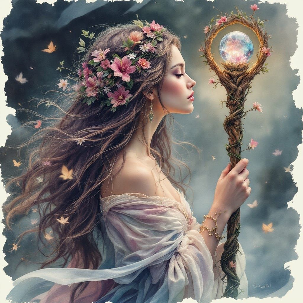 Enchanted Sorceress in Double Exposure Watercolour