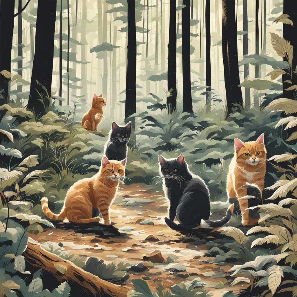 Cats at Play in Verdant Forest