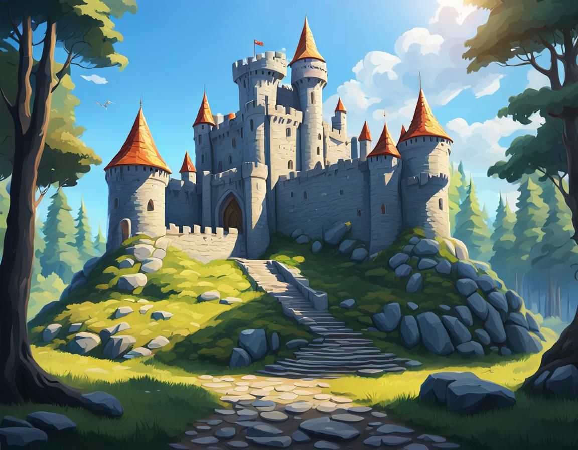 Small Castle in Sunny Forest, Oil Painting Style