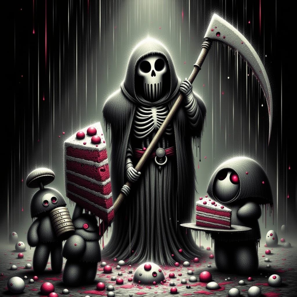 Grim Reaper Offers Cake or Death, Surreal Digital Art