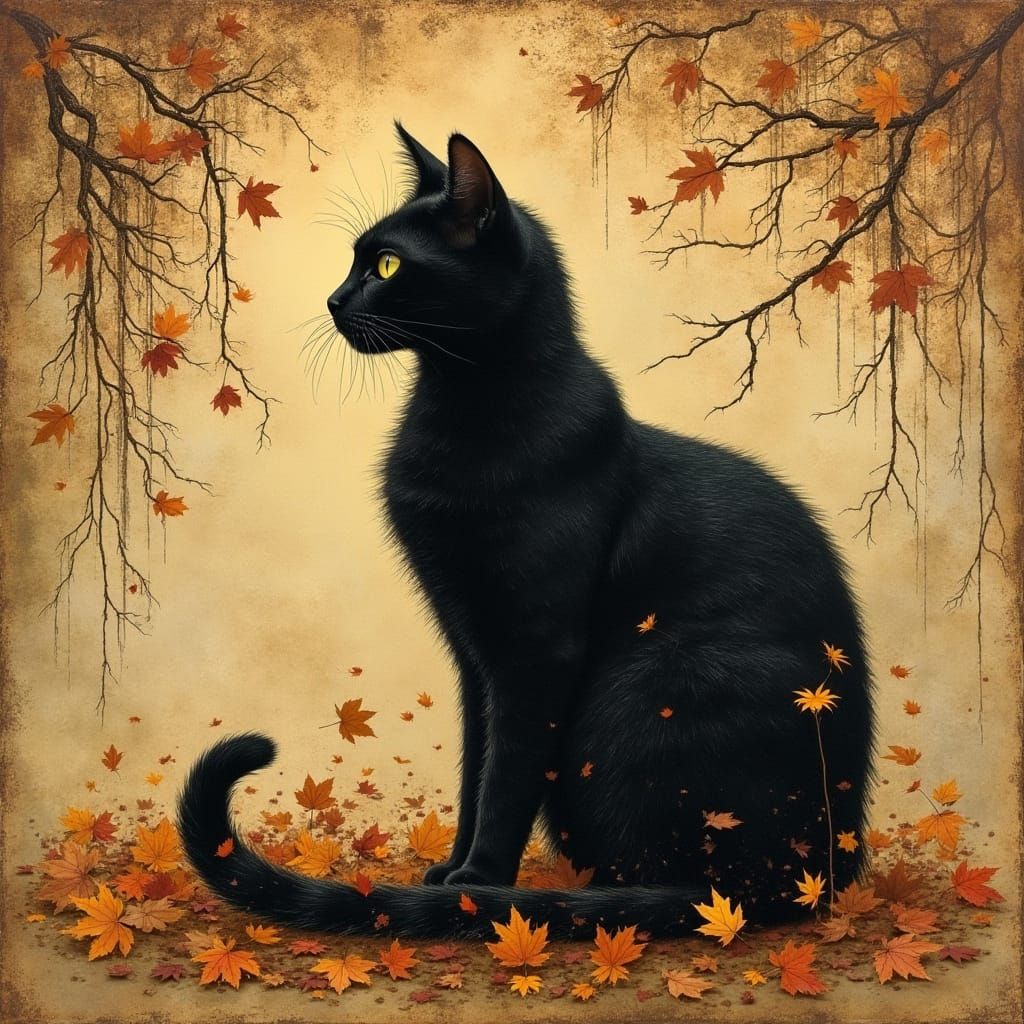 Black Cat in Autumn Leaves, Dreamlike Illustration