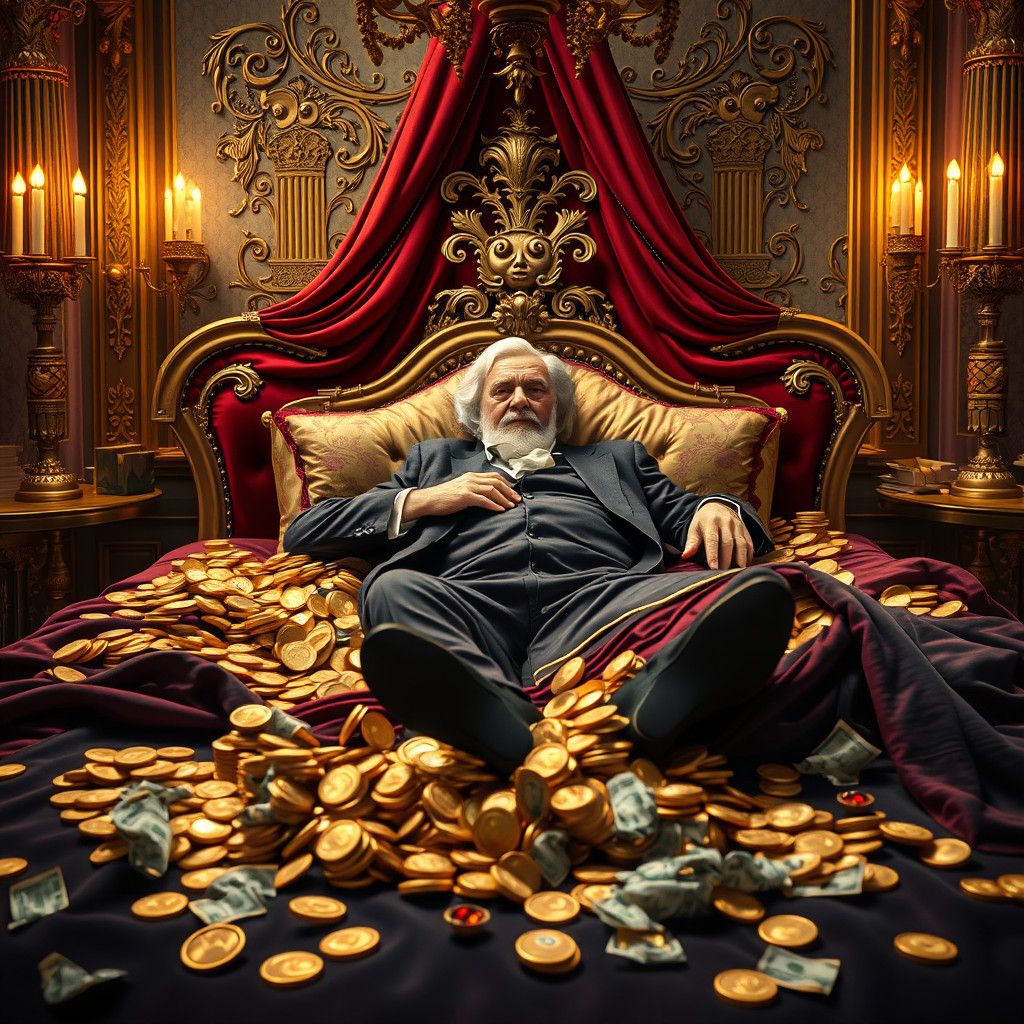 Opulent Gentleman Reclines on Bed of Wealth