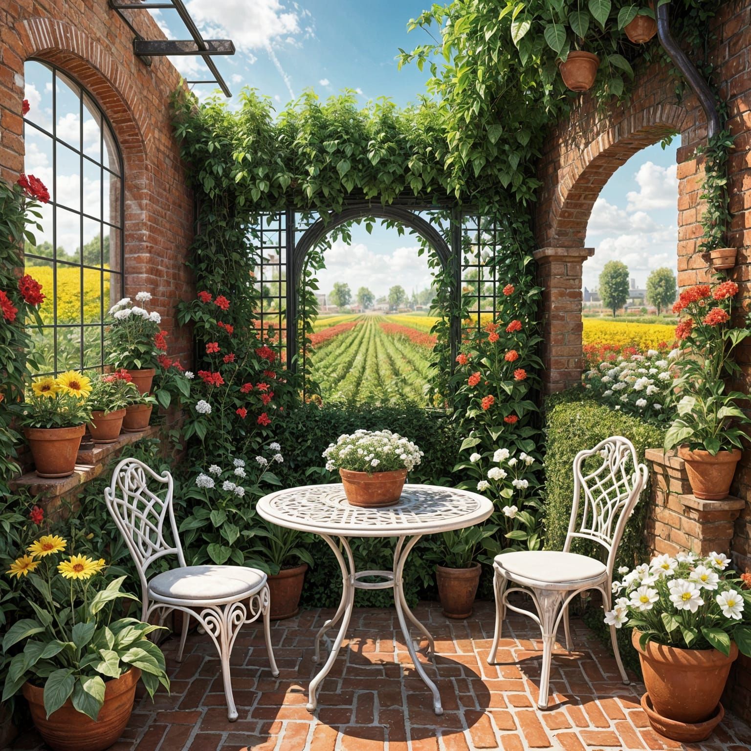 Hyperdetailed Garden Scene with Flowering Trellis