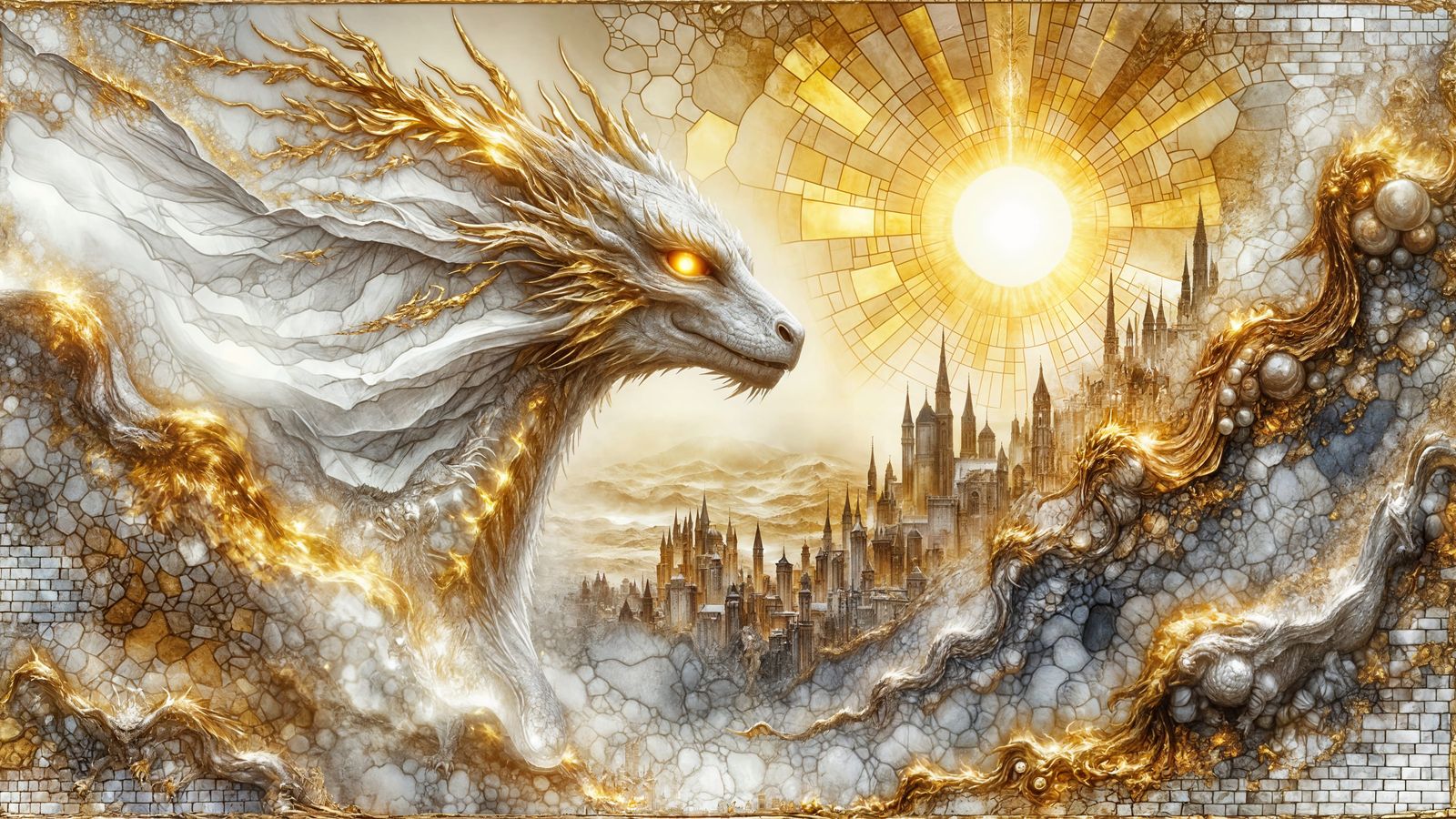 Golden White Dragon Overlooking Desert City