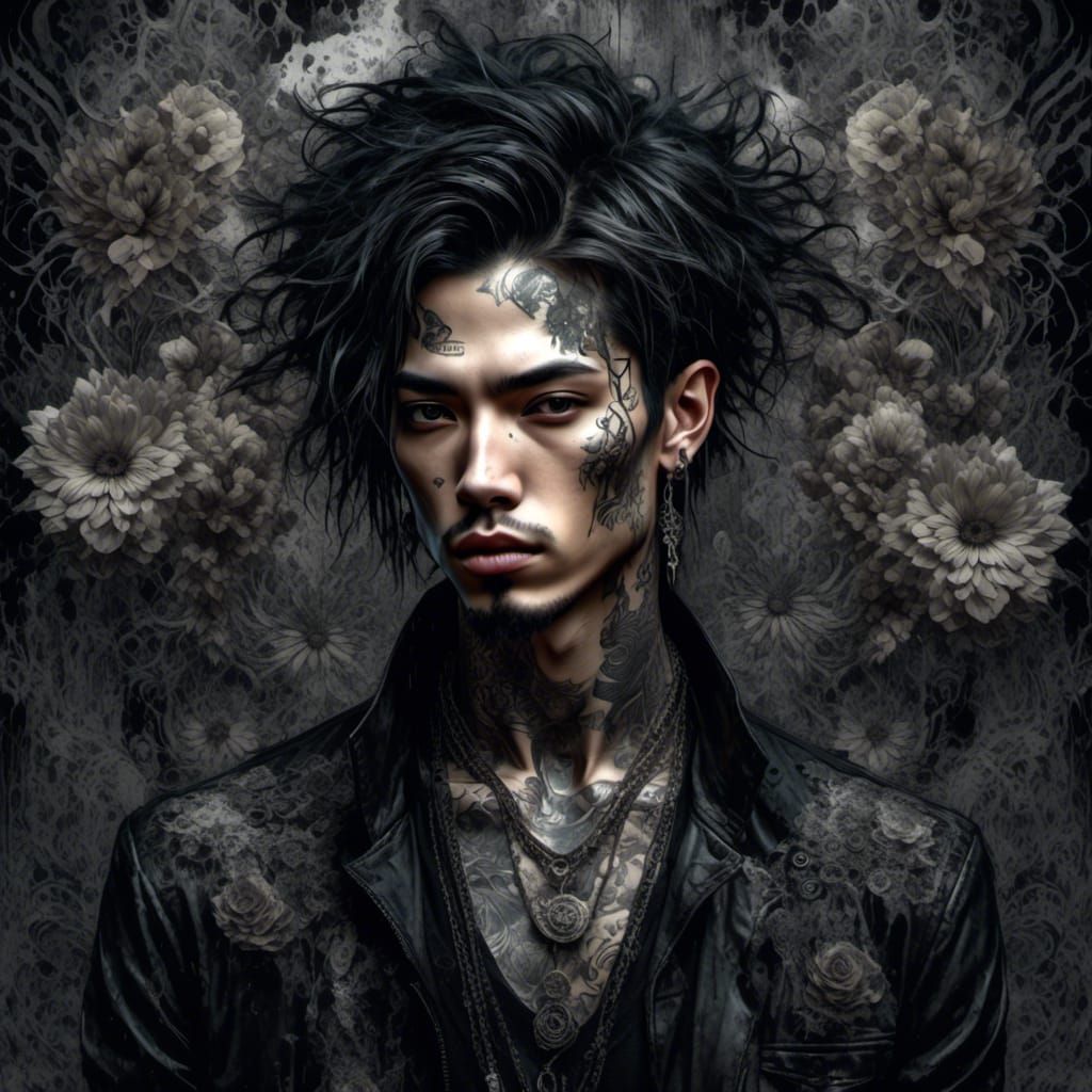 Dark Goth Man Portrait with Floral Wallpaper