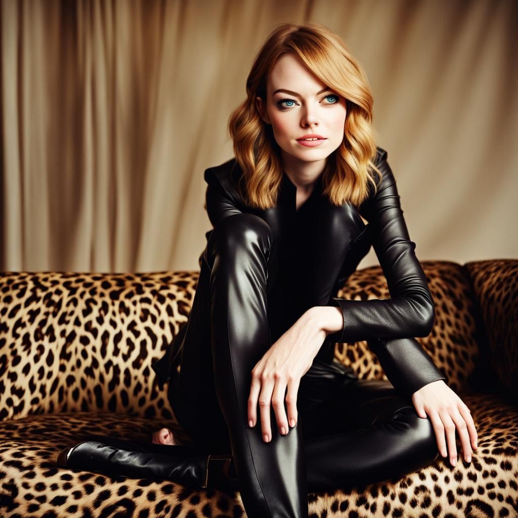 Emma Stone in Leather Pants on Cheetah Couch