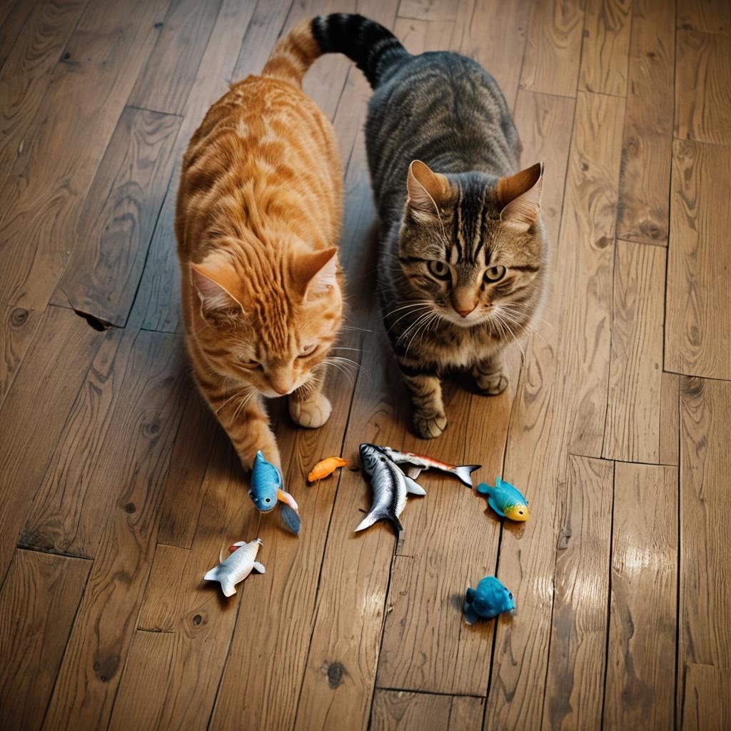 Tabby Cats Play with Fish Toy: Cinematic Still