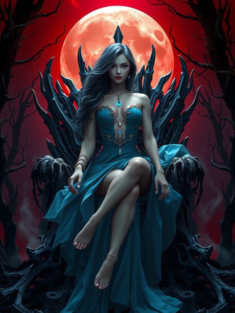 Regal, Raven-Haired Woman in Dark Fantasy Realm