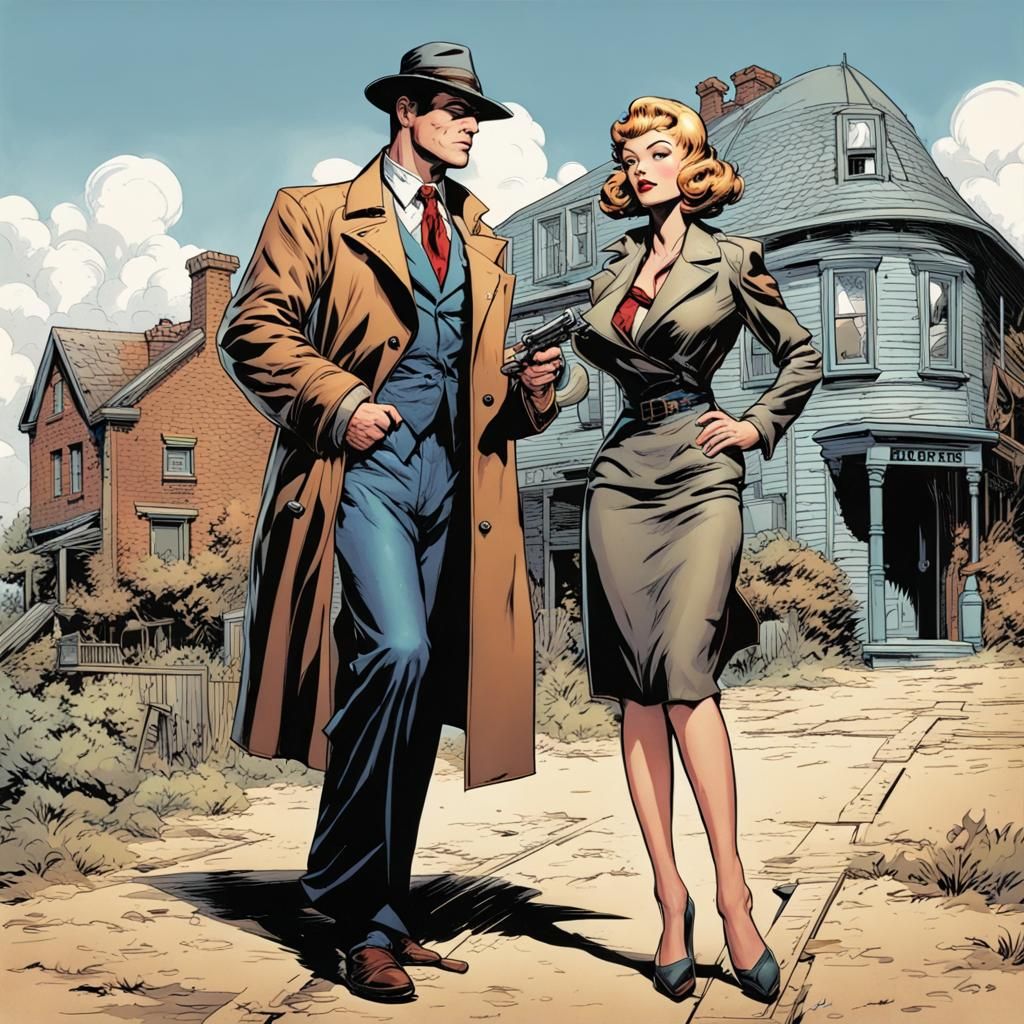 Pulpy hard-boiled detective, posing with a beautiful dame.