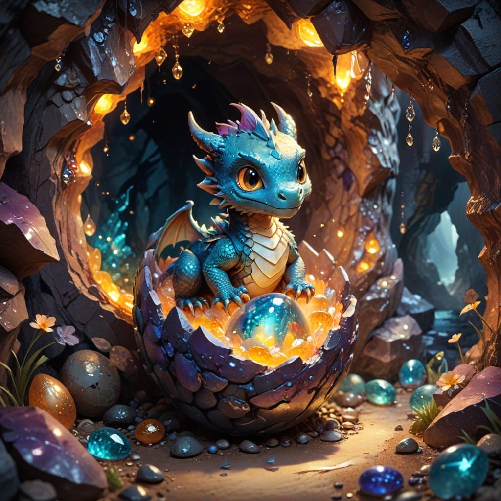 Chibi Dragon Emerging From Egg In Treasure Cave