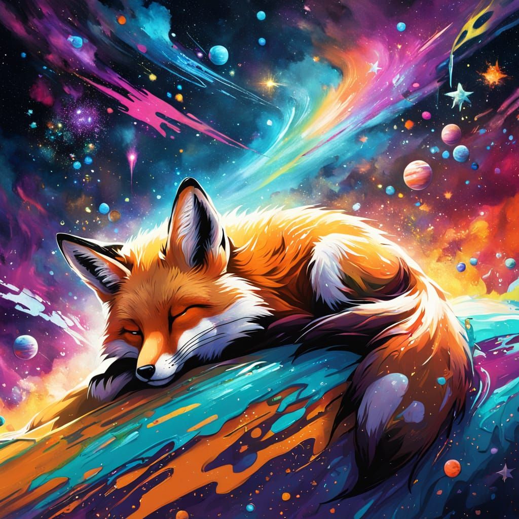 Fox Sleeping Among Stars in Graffiti Art