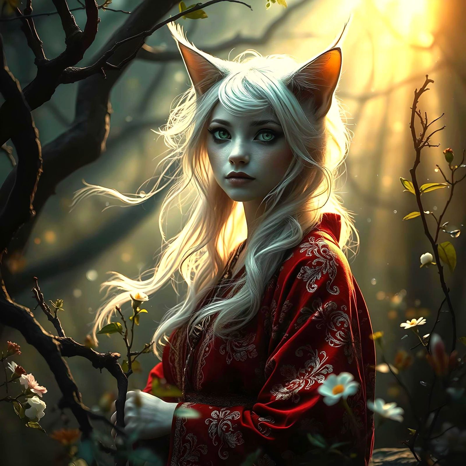 Mystic Cat-Woman Portrait in Fantasy Forest