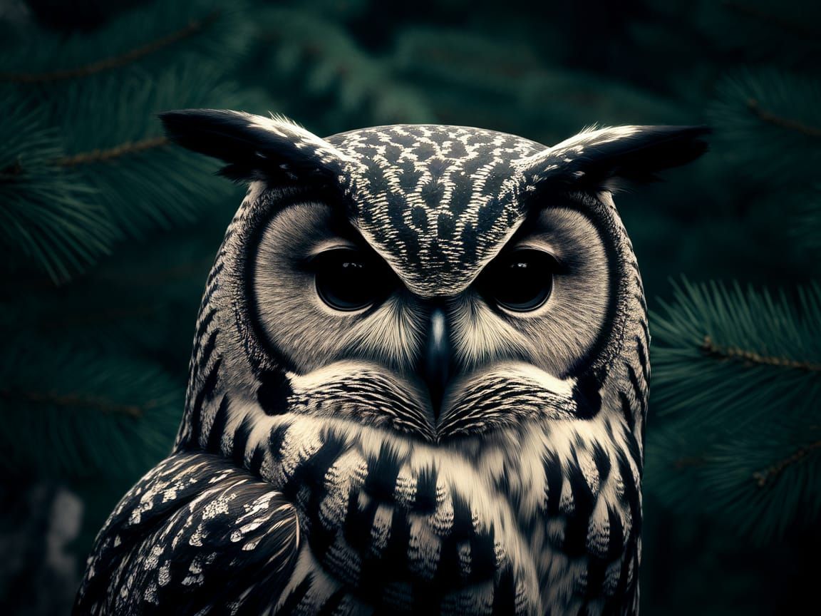 Owl Blends into Dark Forest in Hyper-Realistic Detail