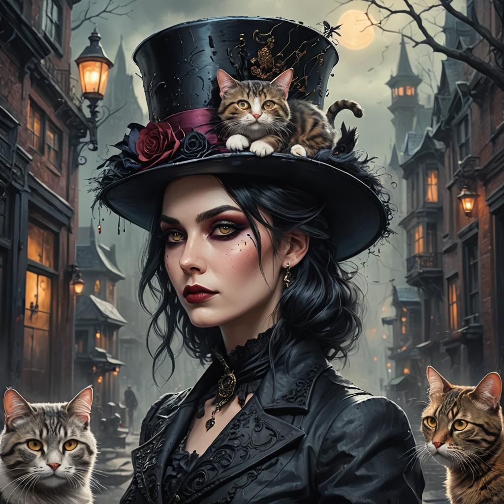 Nu Goth Woman with Cat in Acrylic Style