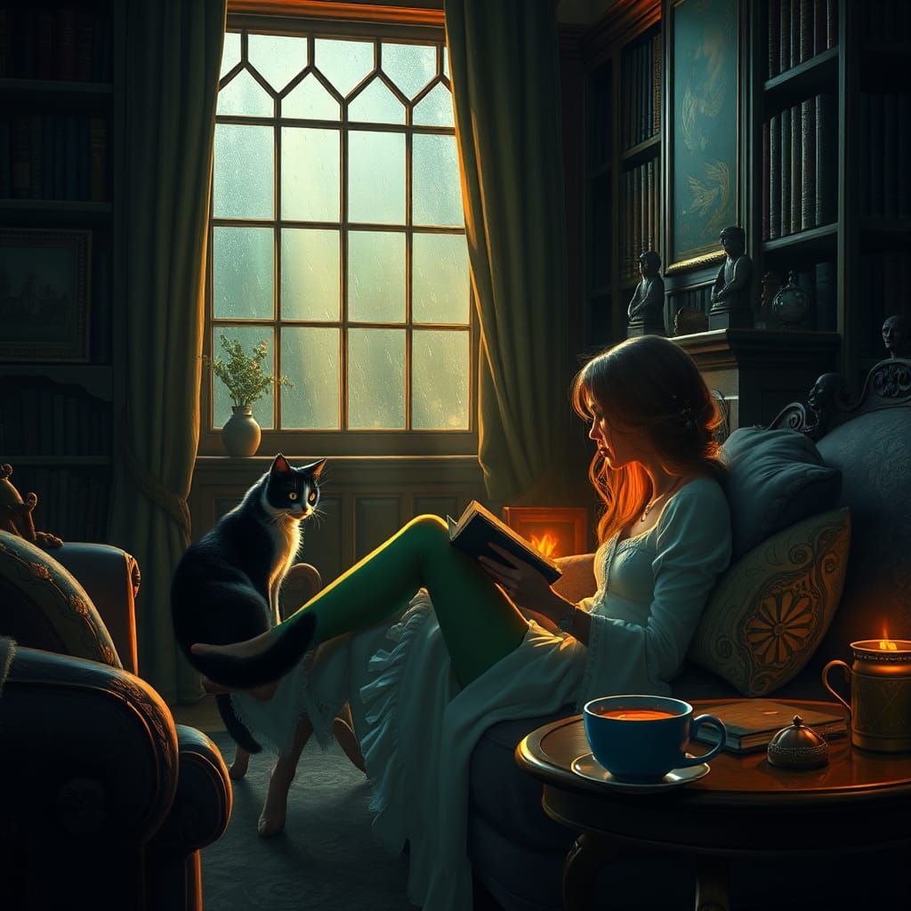 Cozy Reading Nook with Cat, Fantasy Concept Art