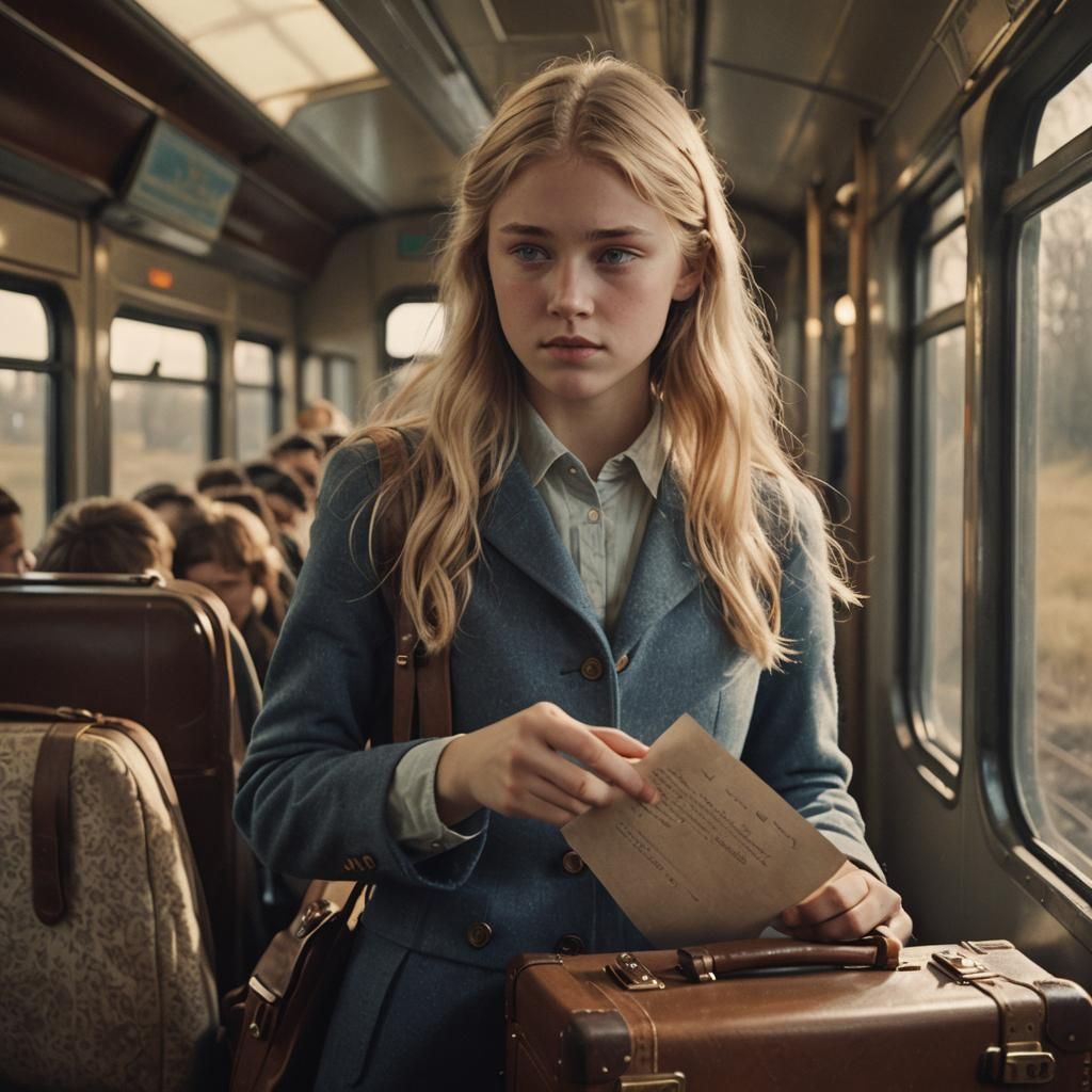 Girl with Letter on Train: Cinematic Film Still