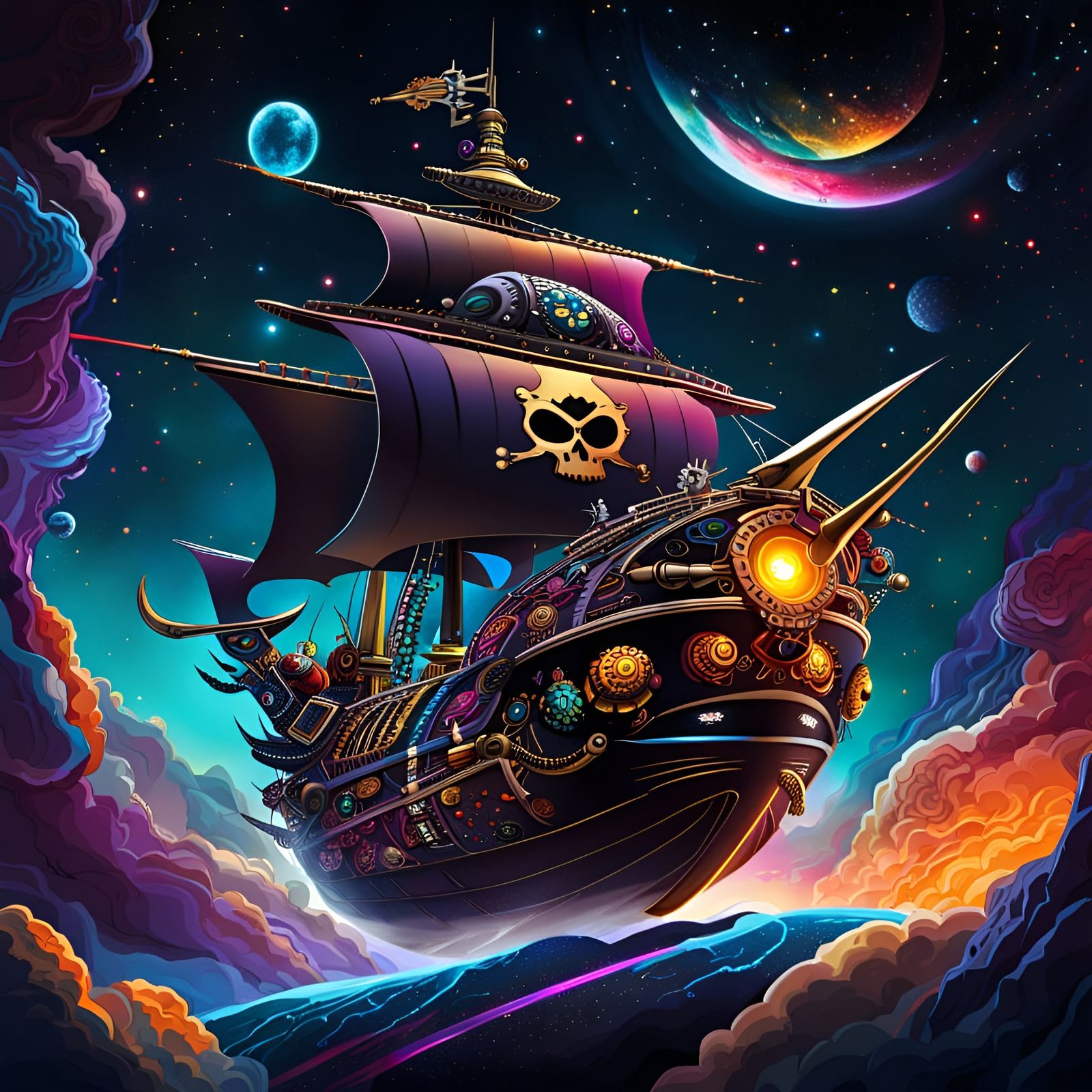 Space Pirate Ship Sailing Through the Cosmos