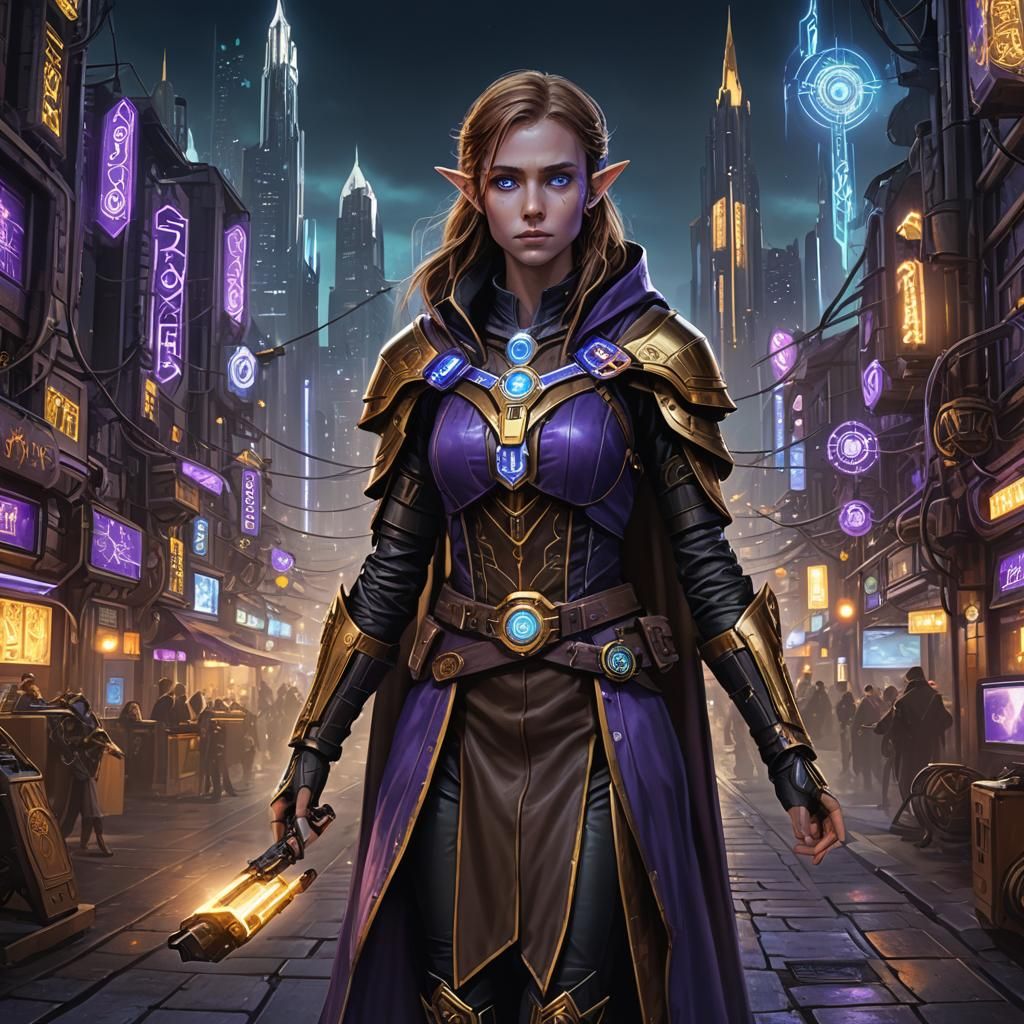 Cyberpunk Elf Roboticist in Coruscant City