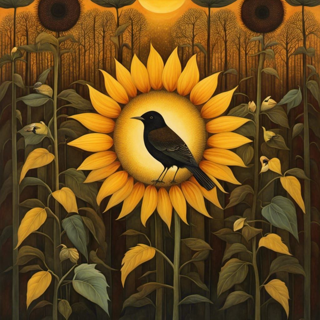 Sunflower and Bird at Sunset Illustration