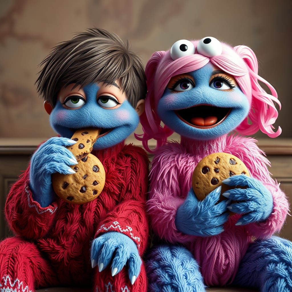 Cookie Monsters Devouring Cookies in Art Nouveau Style